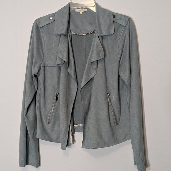 Women's MYSTREE, Blue, Faux Suede Long Sleeved Waterfall Jacket; Size M - Picture 1 of 4